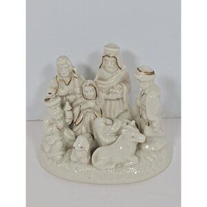 Ceramic Nativity Set Religious Christmas Off White With Gold Painted Trim